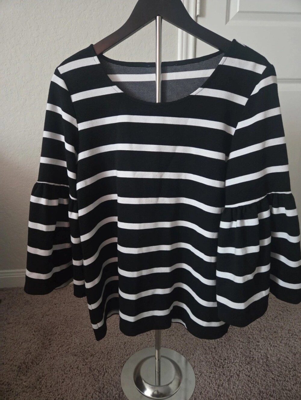 Women’s Black & White Striped Bell Sleeve Top